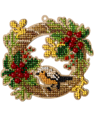 Bead Embroidery Kit on Wood, Wreath with a Bird, Wonderland Crafts FLK-439