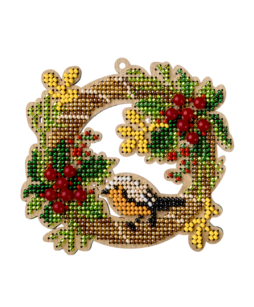 Bead Embroidery Kit on Wood, Wreath with a Bird, Wonderland Crafts FLK-439