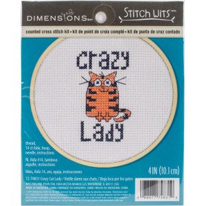 Counted Cross Stitch Kit 4" Round-Crazy Cat Lady, Dimensions, 72-74831