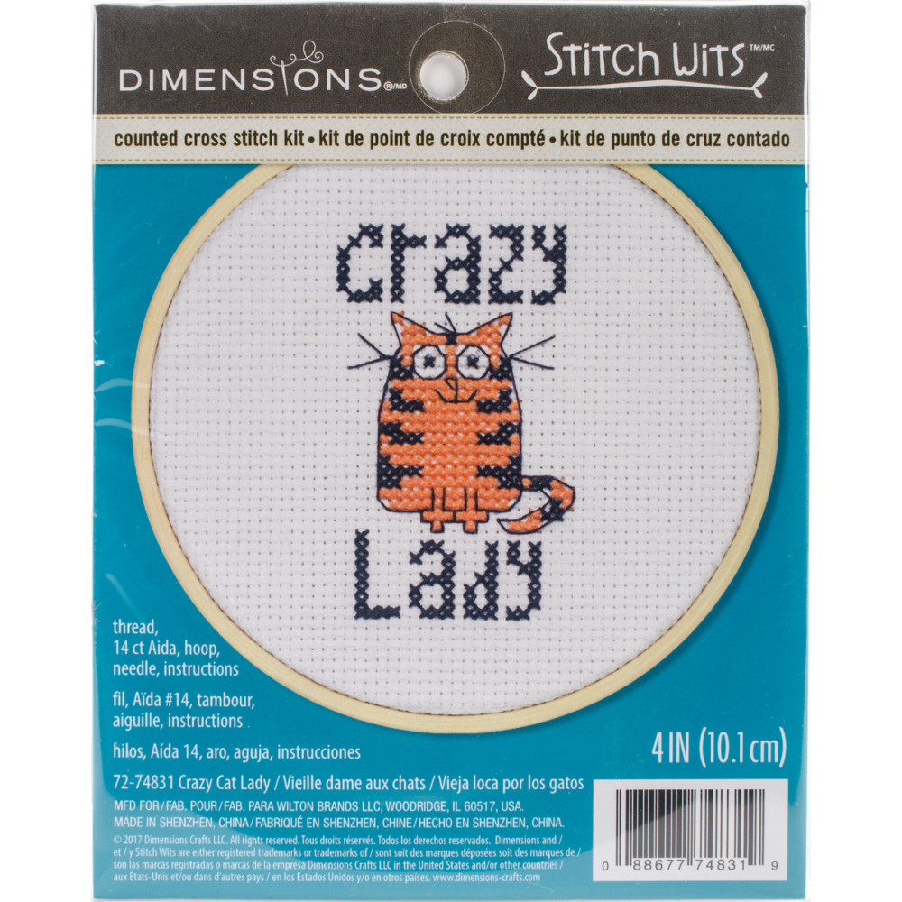 Counted Cross Stitch Kit 4" Round-Crazy Cat Lady, Dimensions, 72-74831