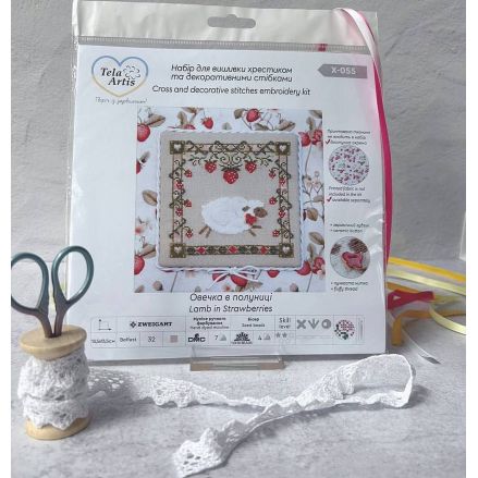 Counted Cross Stitch Kit "Strawberry Sheep", Hand-dyed Threads | TOHO Beads | Fuzzy Yarn | X-055