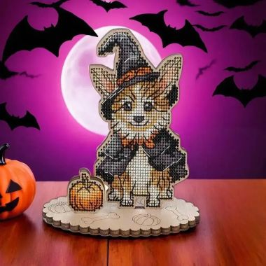 Wonderland Crafts Wooden Cross Stitch Kit FLW-050 – Halloween Corgi