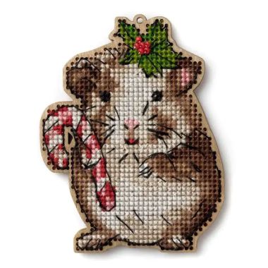 Wonderland Crafts Wooden Cross Stitch Kit FLW-056 – Hamster With Candy Cane Ornament
