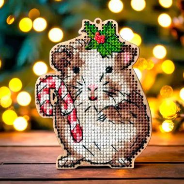 Wonderland Crafts Wooden Cross Stitch Kit FLW-056 – Hamster With Candy Cane Ornament