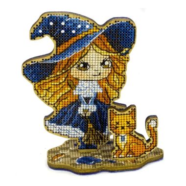 Wonderland Crafts Wooden Cross Stitch Kit FLW-070 – Little Witch In Blue