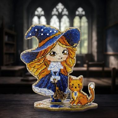 Wonderland Crafts Wooden Cross Stitch Kit FLW-070 – Little Witch In Blue