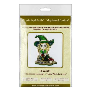 Wonderland Crafts Wooden Cross Stitch Kit FLW-071 – Little Witch In Green