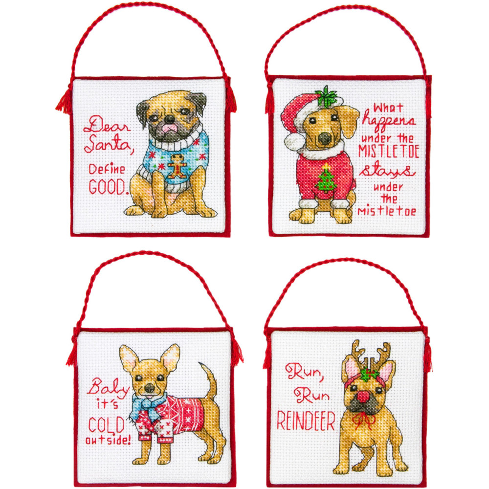 Counted Cross Stitch Kit Set of 4-Christmas Pups Ornaments, Dimensions, 70-08972