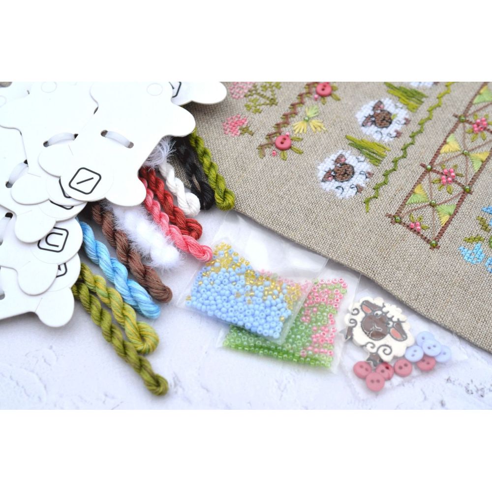 Fun Farm Sheep Cross Stitch Kit – Tela Artis X-504 – Spring Sampler – Hand-dyed Threads