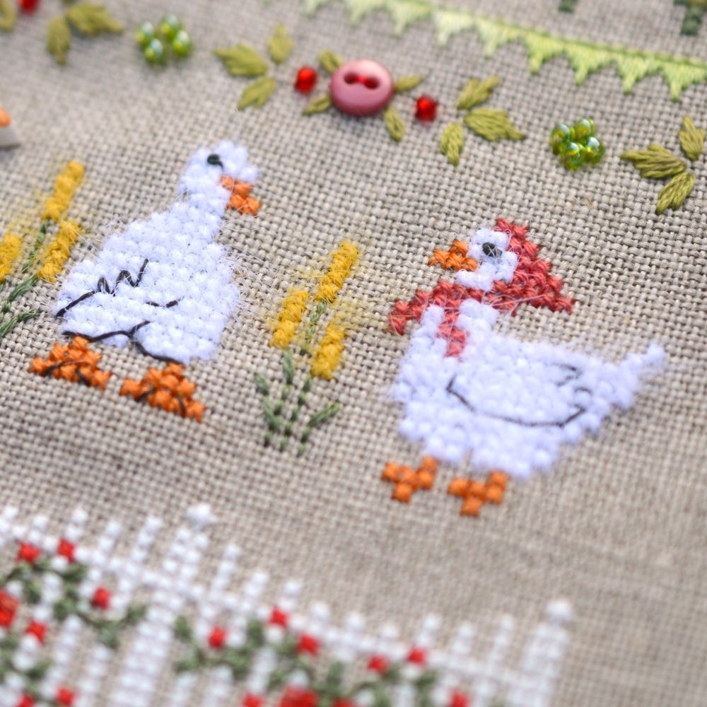 Fun Farm Goose Cross Stitch Kit – Tela Artis X-506 – Farmhouse Sampler – Hand-dyed Threads