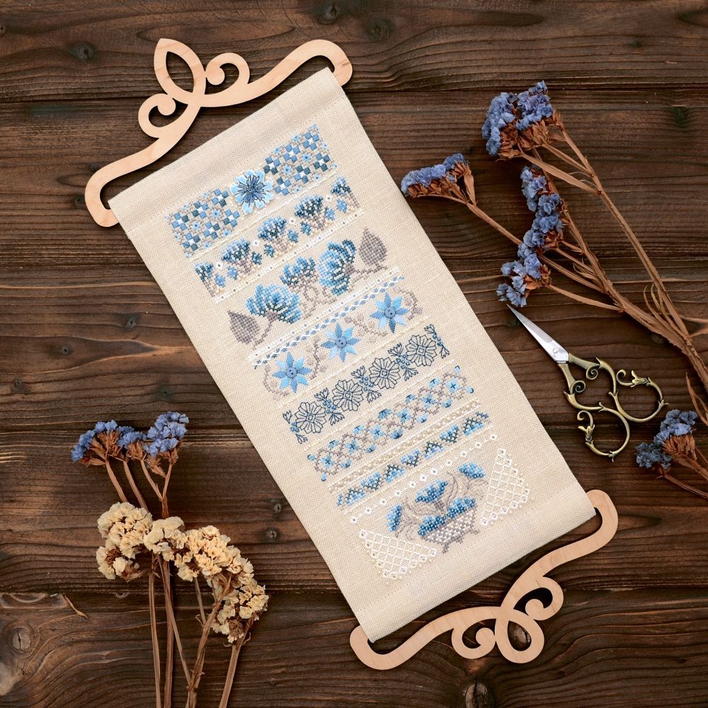 Premium Counted Cross Stitch Kit Sampler Cornflower patterns Tela-Artis X-510, Evenweave Fabric, hand-dyed DMC muline, melange