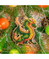 Bead Embroidery Kit on Wood, Green Dragon, Wonderland Crafts FLK-503