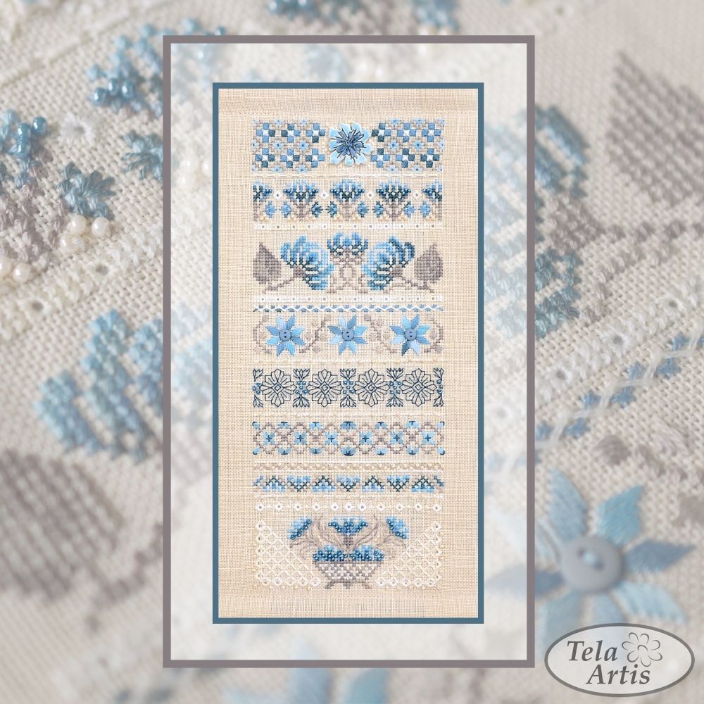 Premium Counted Cross Stitch Kit Sampler Cornflower patterns Tela-Artis X-510, Evenweave Fabric, hand-dyed DMC