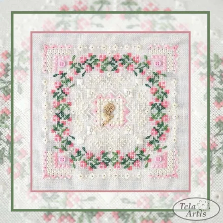Counted Cross Stitch Needlework Rose marshmallow sampler Tela-Artis X-602/2, Evenweave Fabric, hand-dyed DMC muslin, melange