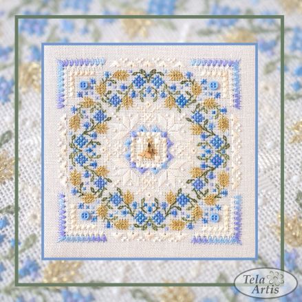 Cornflower Marshmallow Cross Stitch Kit – Tela Artis X-603 – Blue Floral Mandala – Beaded Embroidery Kit – Metallic Threads
