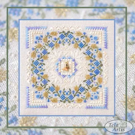 Cornflower Marshmallow Cross Stitch Kit – Tela Artis X-603 – Blue Floral Mandala – Beaded Embroidery Kit – Metallic Threads