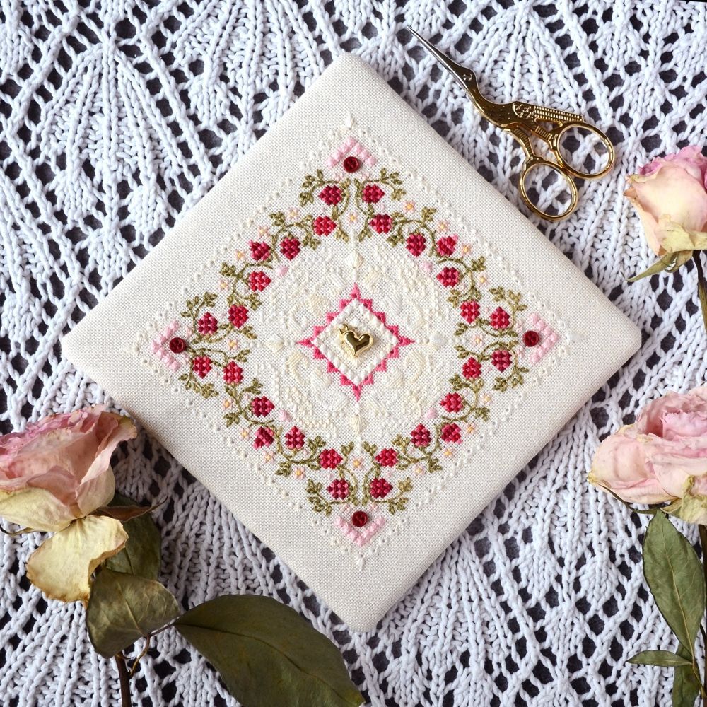 Raspberry Marshmallow Cross Stitch Kit – Tela Artis X-604 – Floral Mandala Sampler – Hand-dyed Threads