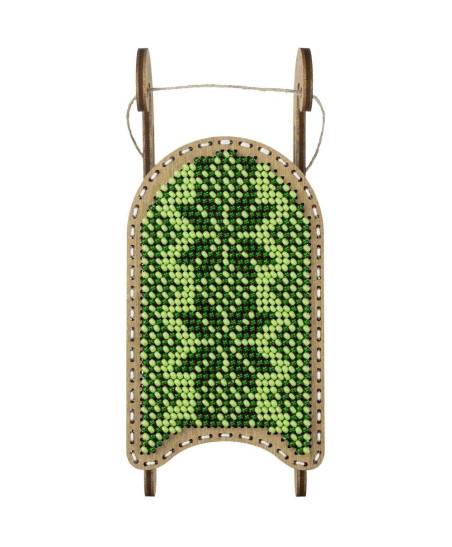 Bead Embroidery Kit on Wood, Sled Green, Wonderland Crafts FLK-467