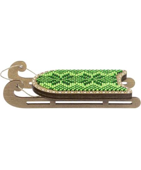 Bead Embroidery Kit on Wood, Sled Green, Wonderland Crafts FLK-467