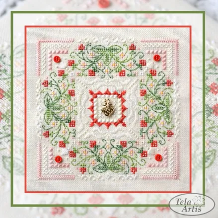 Strawberry Marshmallow Cross Stitch Kit – Tela Artis X-605 – Floral Mandala Sampler – Hand-dyed Threads – Beads – Cashel Linen