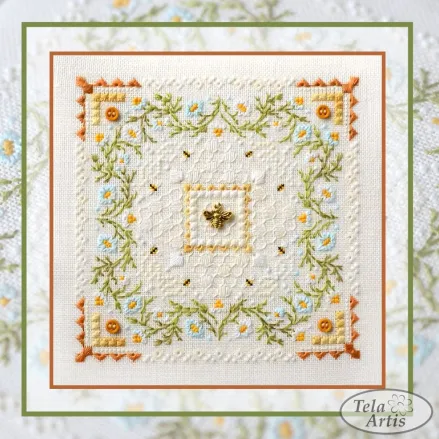 Honey Marshmallow Cross Stitch Kit – Tela Artis X-606 – Floral Mandala Sampler – Hand-dyed Threads – Beads – Cashel Linen
