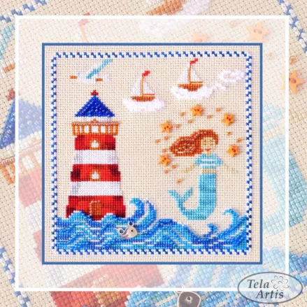 Mermaid Spell Cross Stitch Kit – Tela Artis X-607 – Ocean Sampler – Beads, Buttons & Charm – Aida 16ct – Nautical Embroidery